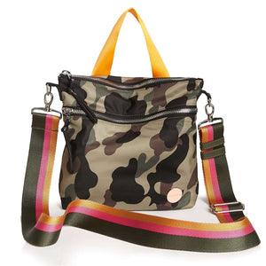 shortyLOVE boardwalk strap in green/yellow/fuchsia; shown with amuse bag in green camo.