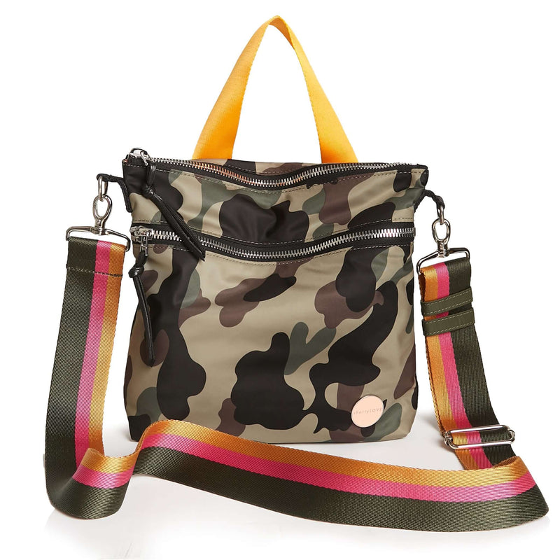 shortyLOVE boardwalk strap in green/yellow/fuchsia; shown with amuse bag in green camo.