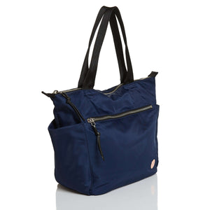 shortyLOVE tillie tote bag in navy; side angle view against white background.