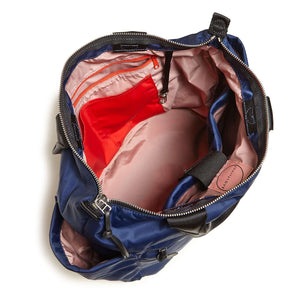 shortyLOVE tillie tote bag in navy; top-down view showing interior pink lining against white background.