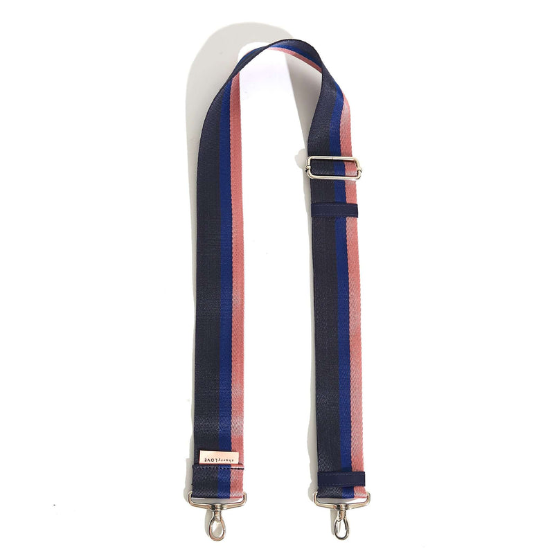 shortyLOVE boardwalk strap in navy/blue/pink; top view open against white background.