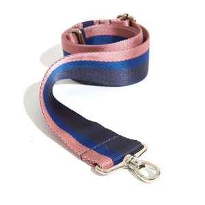 shortyLOVE boardwalk strap in navy/blue/pink; front view rolled against white background.