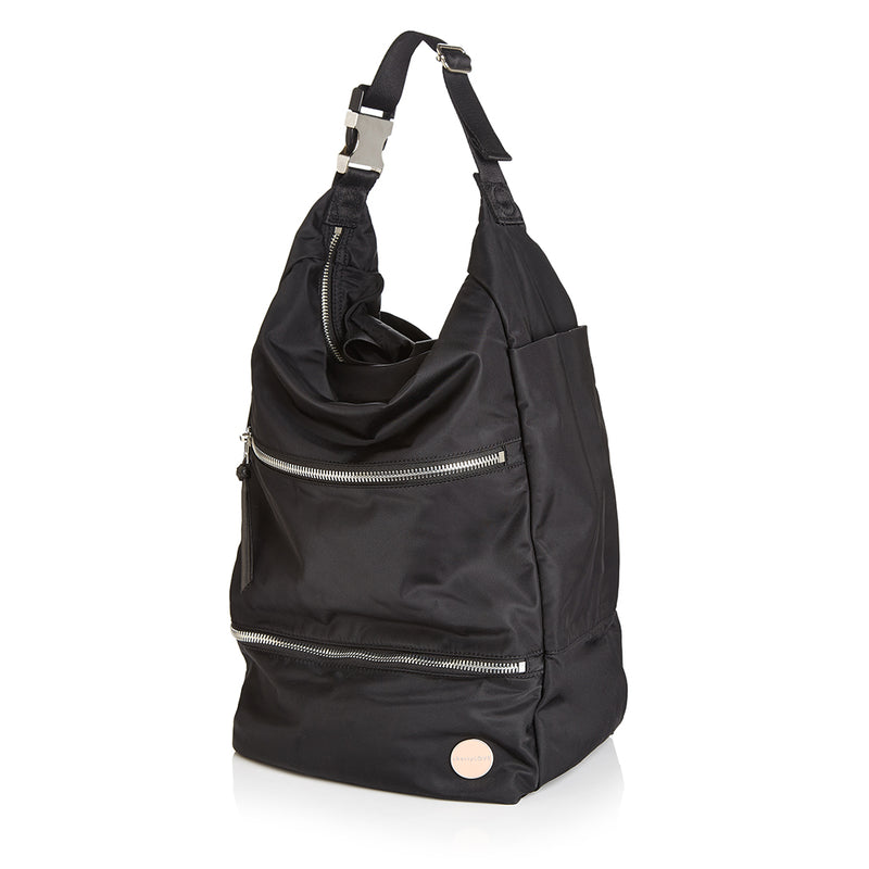 shortyLOVE boxer backpack bag in black; side angle view against white background.