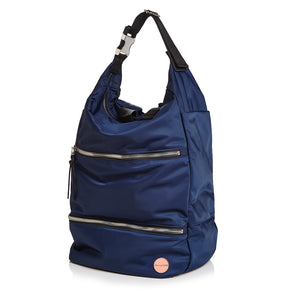 shortyLOVE boxer backpack bag in navy; side angle view against white background.