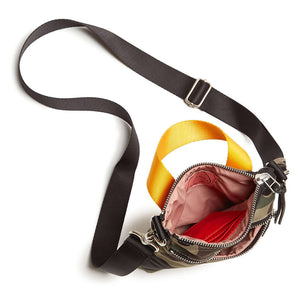 shortyLOVE shorthand crossbody phone bag in green camo; top-down view showing interior pink lining against white background