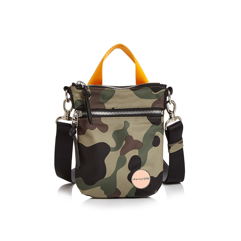 shortyLOVE shorthand crossbody phone bag in green camo; front view against white background