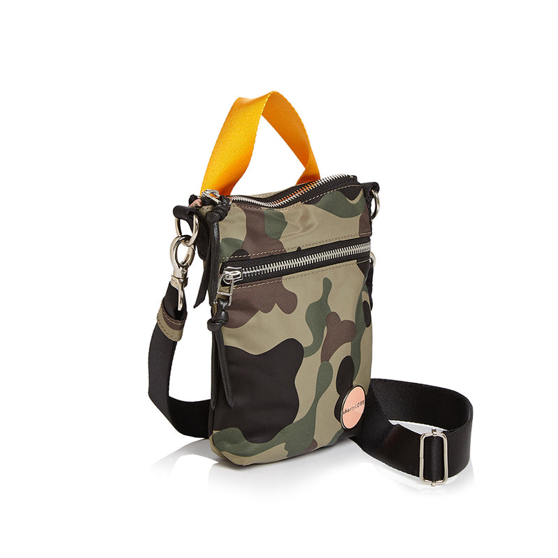 shortyLOVE shorthand crossbody phone bag in green camo; side angle view against white background