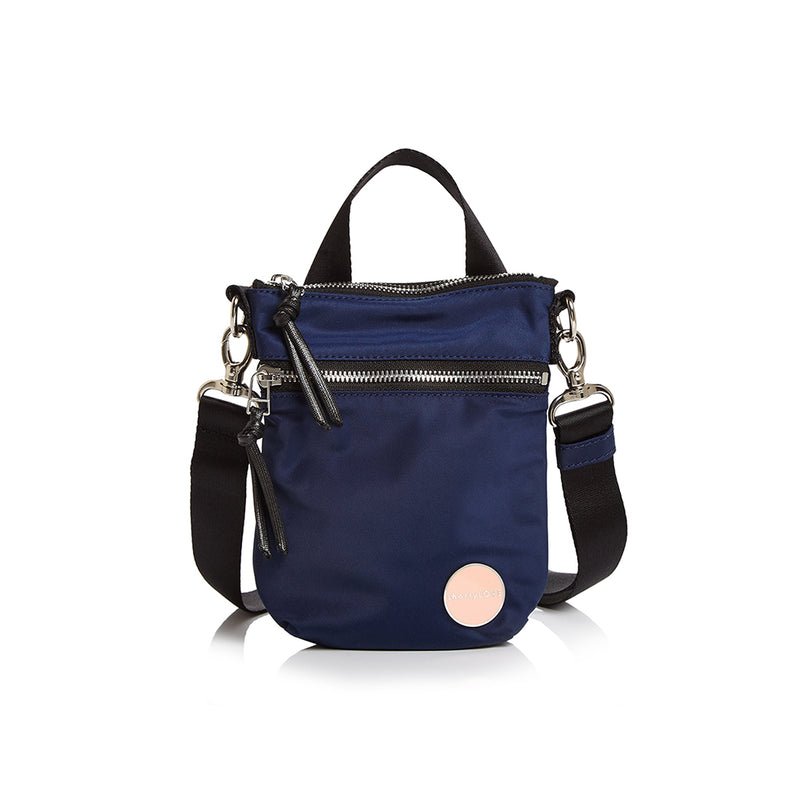 shortyLOVE shorthand crossbody phone bag in navy; front view against white background.