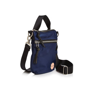 shortyLOVE shorthand crossbody phone bag in navy; side angle view against white background.